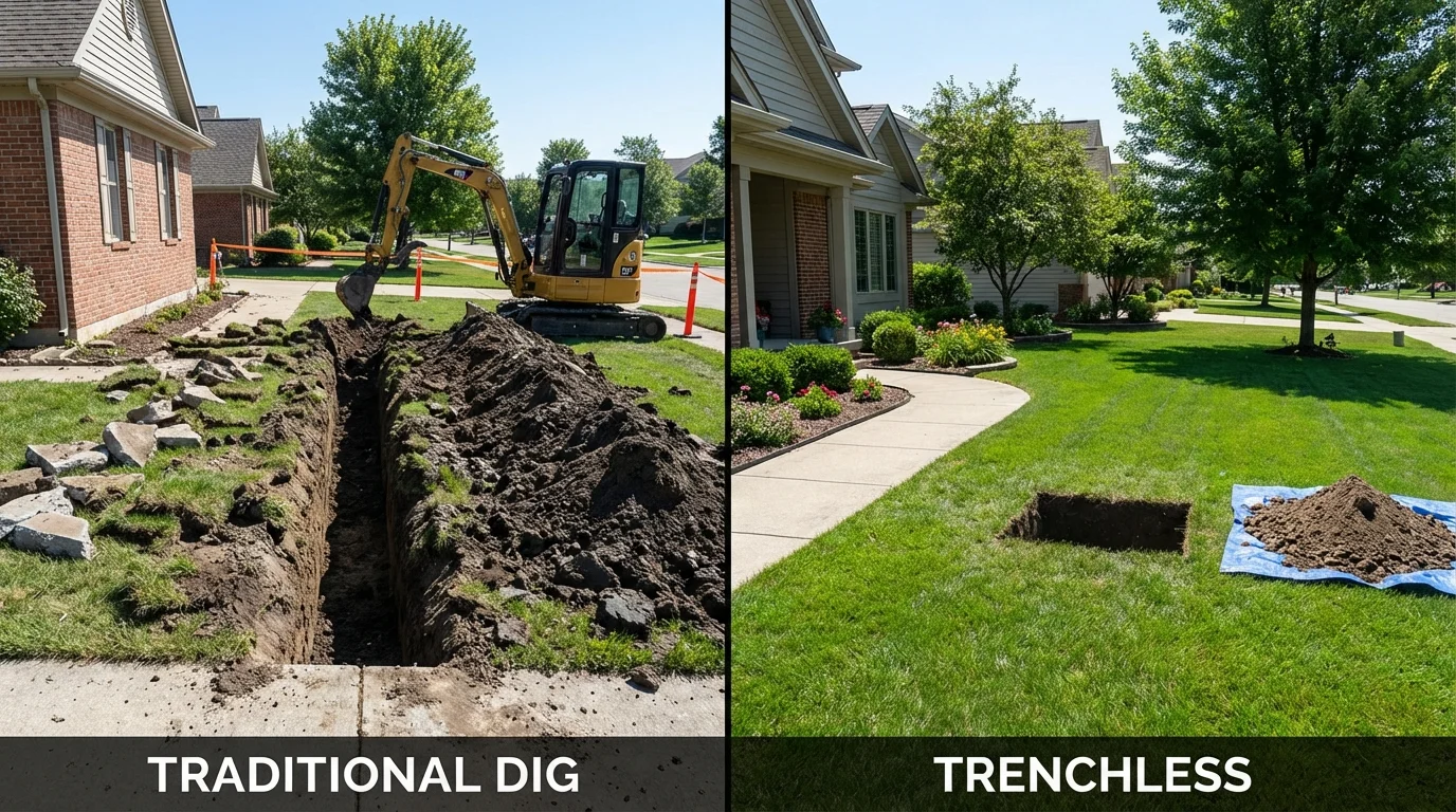 Trenchless sewer repair with minimal yard damage versus traditional excavation in Springfield, NE