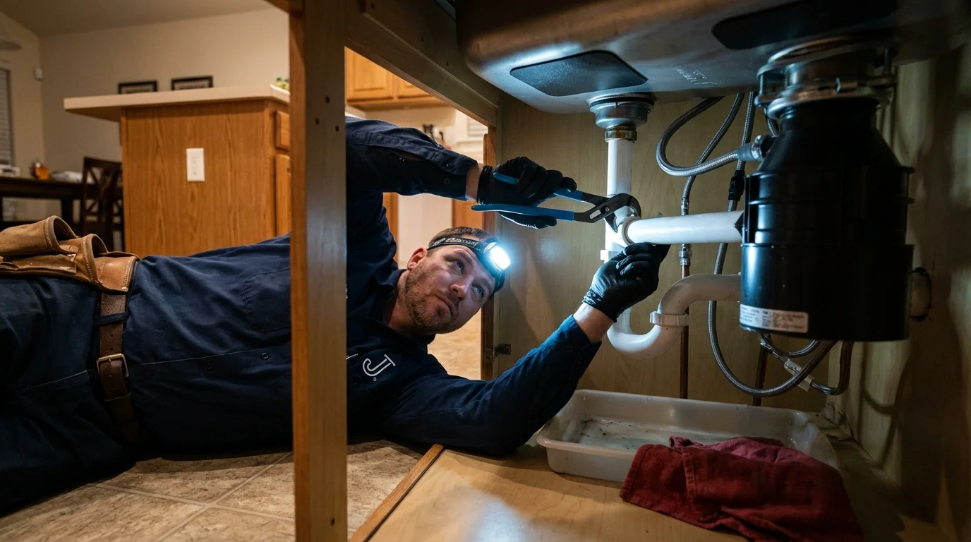P-trap and supply line connections under a kitchen sink showing a common leak point in Springfield, NE
